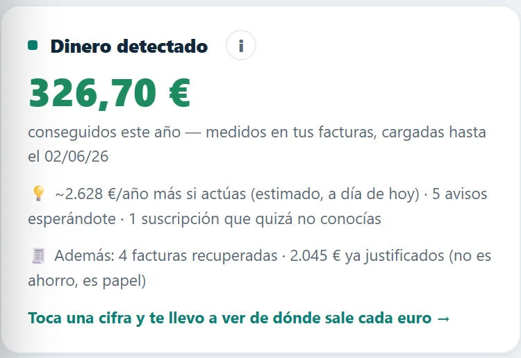Tarjeta Dinero detectado del panel: ahorro conseguido medido y ahorro posible estimado